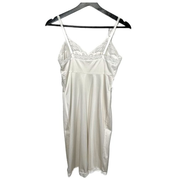 Vintage 90s Lace Floral Detail Trim Knee Length Off White Nylon Medium - Picture 2 of 7